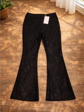 Avec Les Filles Black Sheer Lace Flare Pants High Rise Wide Leg NWT L